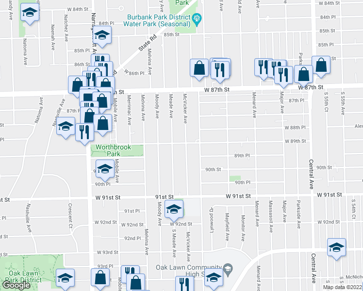 map of restaurants, bars, coffee shops, grocery stores, and more near 8909 Meade Avenue in Oak Lawn