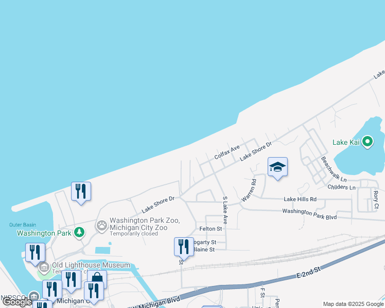map of restaurants, bars, coffee shops, grocery stores, and more near 208 California Avenue in Michigan City