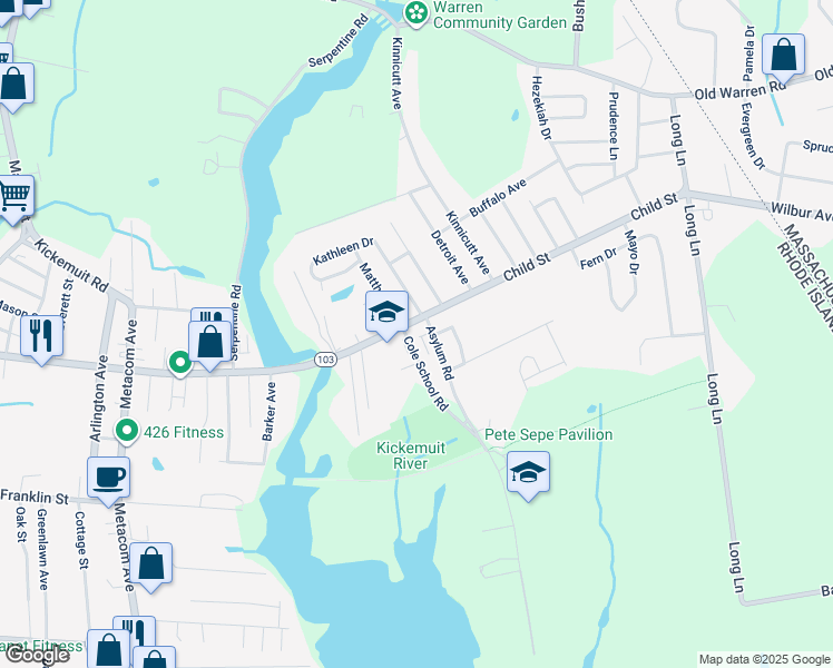 map of restaurants, bars, coffee shops, grocery stores, and more near 3 Asylum Road in Warren