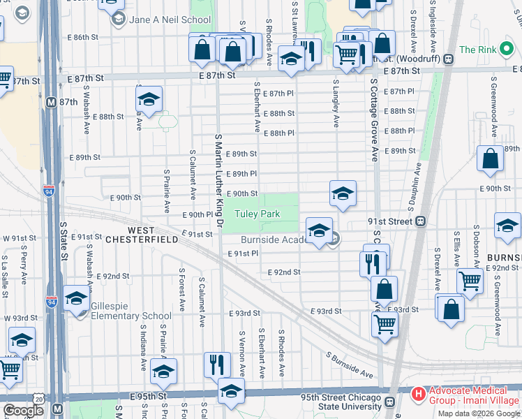 map of restaurants, bars, coffee shops, grocery stores, and more near 501 East 90th Place in Chicago