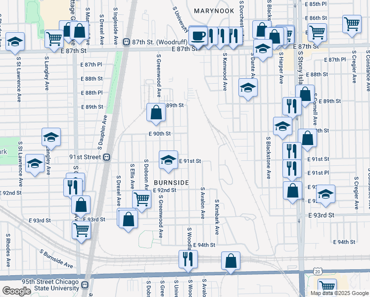 map of restaurants, bars, coffee shops, grocery stores, and more near 9032 South Woodlawn Avenue in Chicago