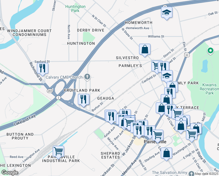 map of restaurants, bars, coffee shops, grocery stores, and more near 180 Chester Street in Painesville