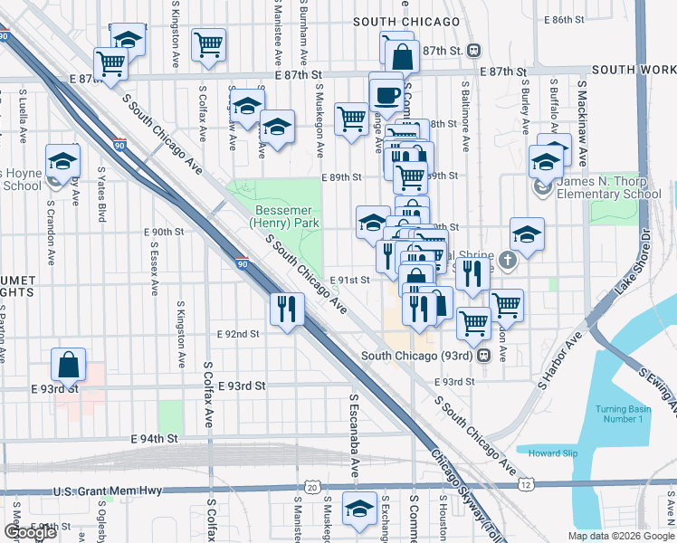 map of restaurants, bars, coffee shops, grocery stores, and more near 2842 East 91st Street in Chicago