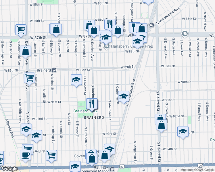 map of restaurants, bars, coffee shops, grocery stores, and more near 9012 South Aberdeen Street in Chicago