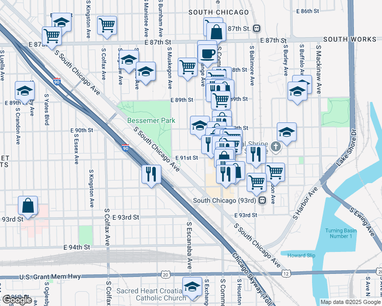 map of restaurants, bars, coffee shops, grocery stores, and more near 2900 East 91st Street in Chicago