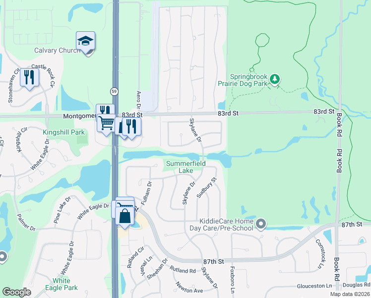 map of restaurants, bars, coffee shops, grocery stores, and more near 2724 Flagstone Circle in Naperville
