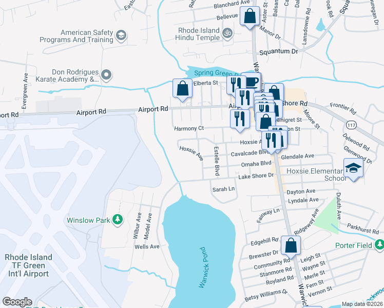 map of restaurants, bars, coffee shops, grocery stores, and more near 287 Hoxsie Avenue in Warwick