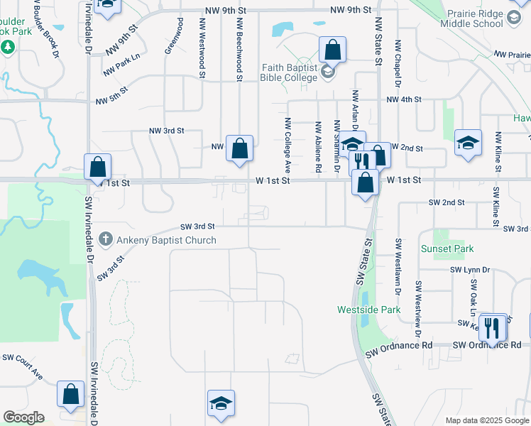 map of restaurants, bars, coffee shops, grocery stores, and more near 205 Southwest Linden Street in Ankeny