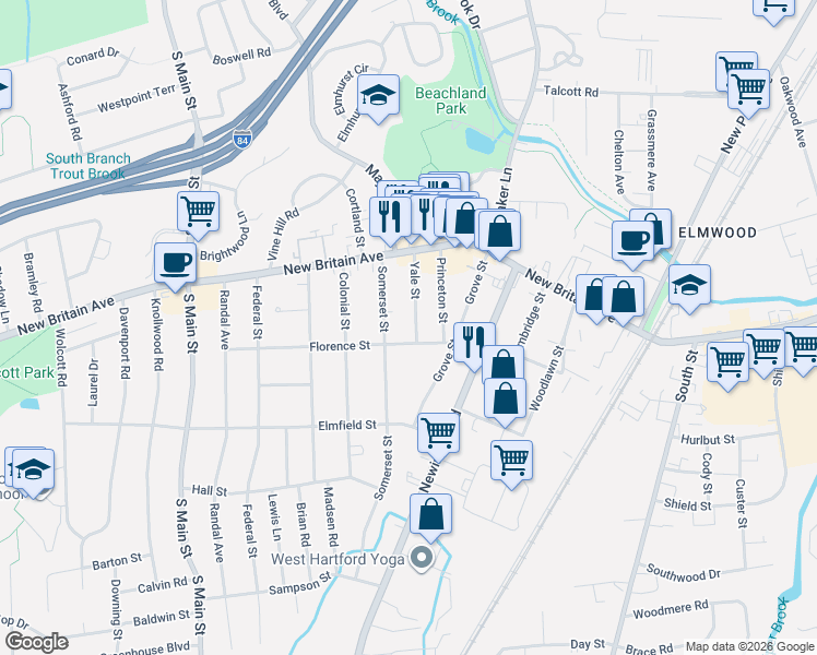map of restaurants, bars, coffee shops, grocery stores, and more near 70 Somerset Street in West Hartford
