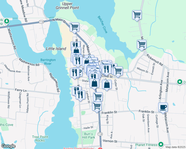 map of restaurants, bars, coffee shops, grocery stores, and more near 422 Main Street in Warren