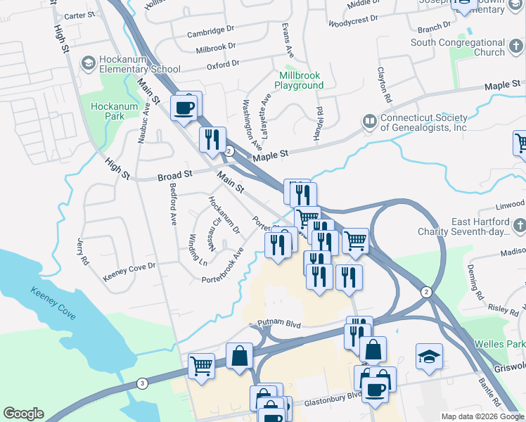 map of restaurants, bars, coffee shops, grocery stores, and more near 92 Porter Street in East Hartford