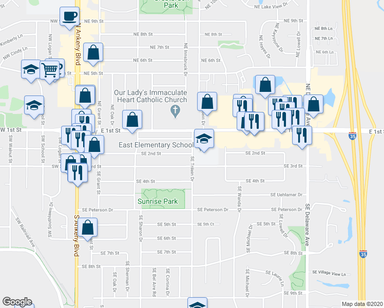 map of restaurants, bars, coffee shops, grocery stores, and more near 202 Southeast Trilein Drive in Ankeny