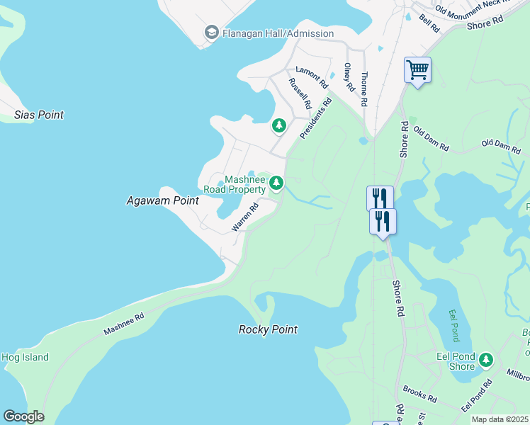 map of restaurants, bars, coffee shops, grocery stores, and more near 44 Mashnee Road in Bourne