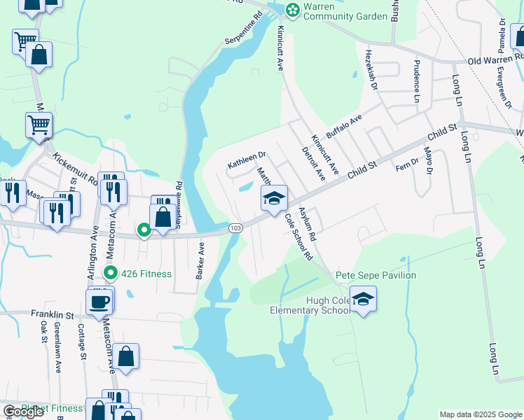 map of restaurants, bars, coffee shops, grocery stores, and more near 519 Rhode Island 103 in Warren