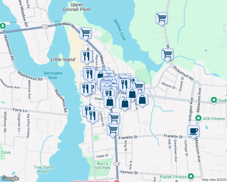 map of restaurants, bars, coffee shops, grocery stores, and more near 31 Child Street in Warren