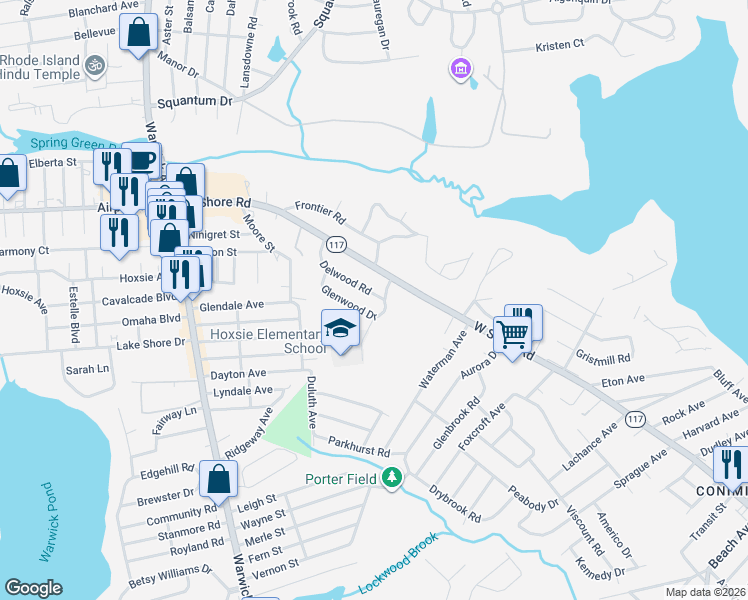 map of restaurants, bars, coffee shops, grocery stores, and more near 53 Glenwood Drive in Warwick