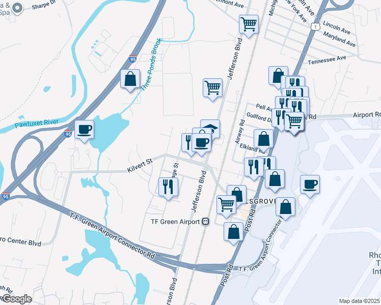 map of restaurants, bars, coffee shops, grocery stores, and more near 157 Kilvert Street in Warwick