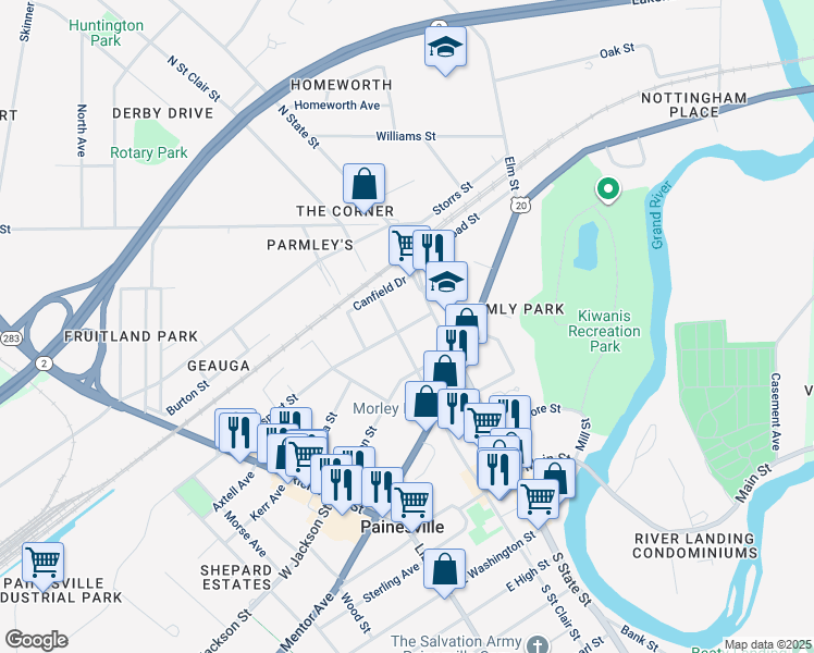 map of restaurants, bars, coffee shops, grocery stores, and more near 285 North Saint Clair Street in Painesville