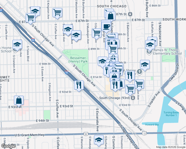 map of restaurants, bars, coffee shops, grocery stores, and more near 2842 East 91st Street in Chicago