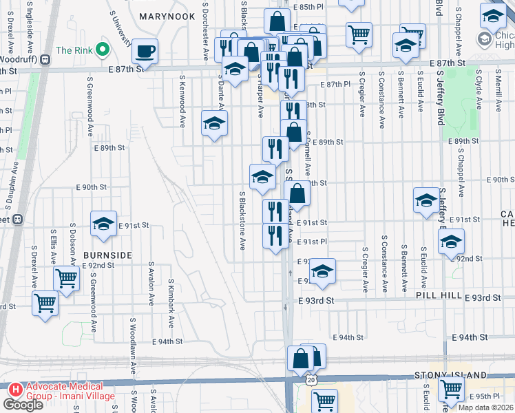 map of restaurants, bars, coffee shops, grocery stores, and more near 9037 South Harper Avenue in Chicago