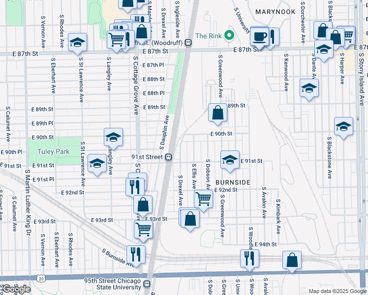 map of restaurants, bars, coffee shops, grocery stores, and more near 9040 South Ellis Avenue in Chicago