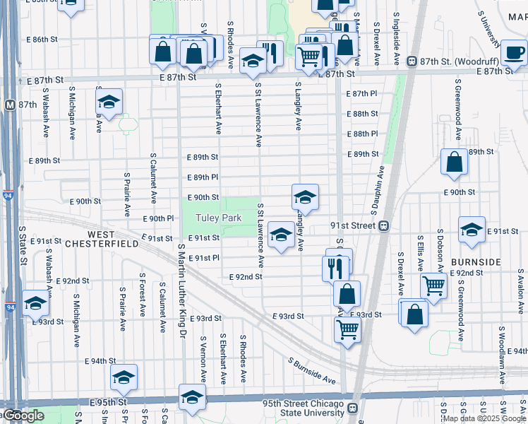 map of restaurants, bars, coffee shops, grocery stores, and more near 611 East 90th Place in Chicago