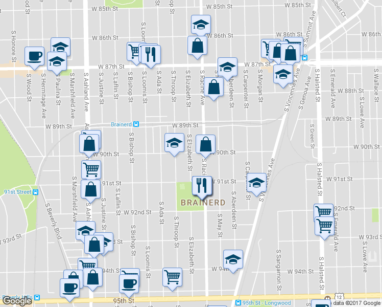 map of restaurants, bars, coffee shops, grocery stores, and more near 9015 South Elizabeth Street in Chicago