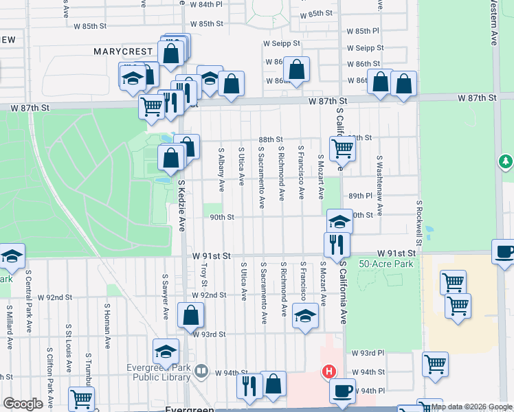 map of restaurants, bars, coffee shops, grocery stores, and more near 8952 South Sacramento Avenue in Evergreen Park