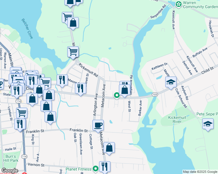 map of restaurants, bars, coffee shops, grocery stores, and more near 10 South Cornell Avenue in Warren