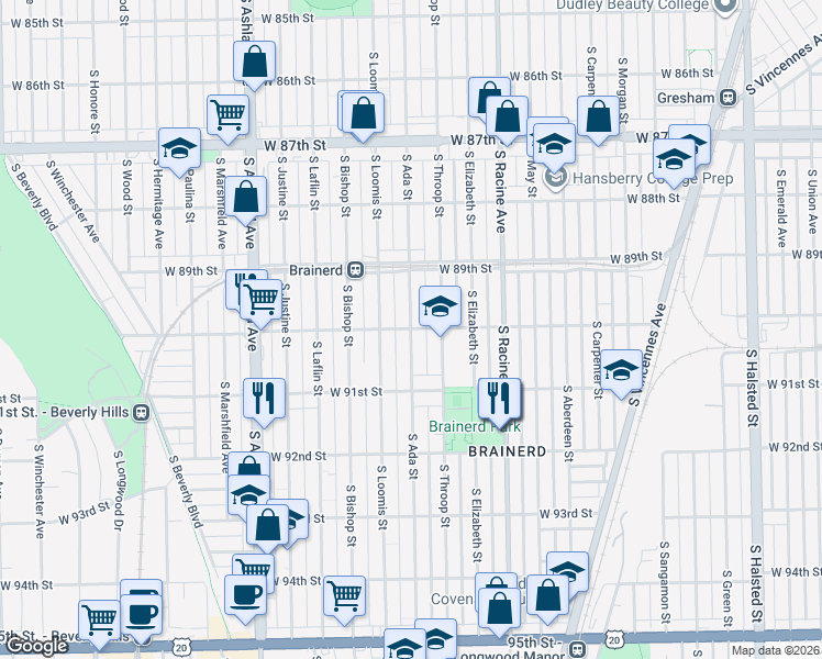 map of restaurants, bars, coffee shops, grocery stores, and more near S Ada St & W 90th St in Chicago