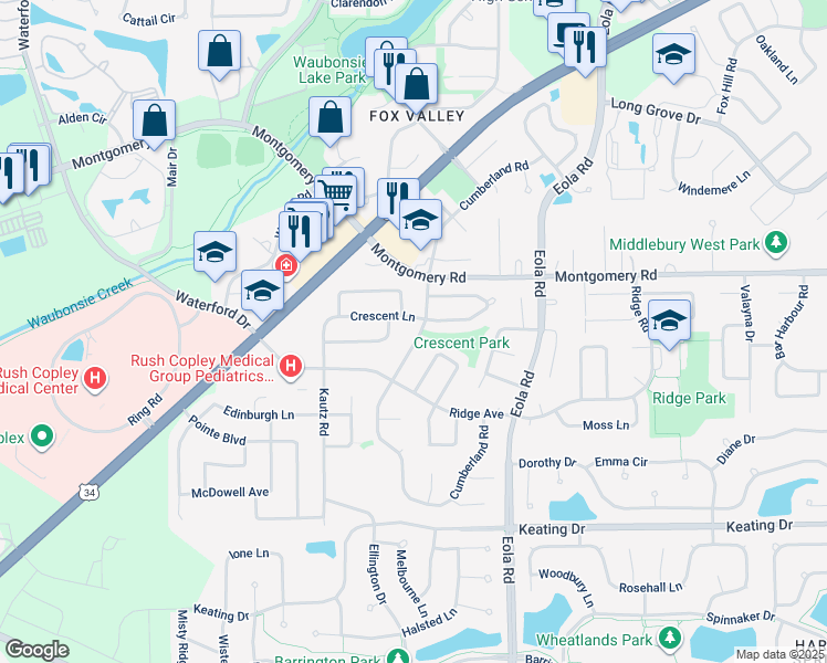 map of restaurants, bars, coffee shops, grocery stores, and more near 1525 Cumberland Road in Aurora