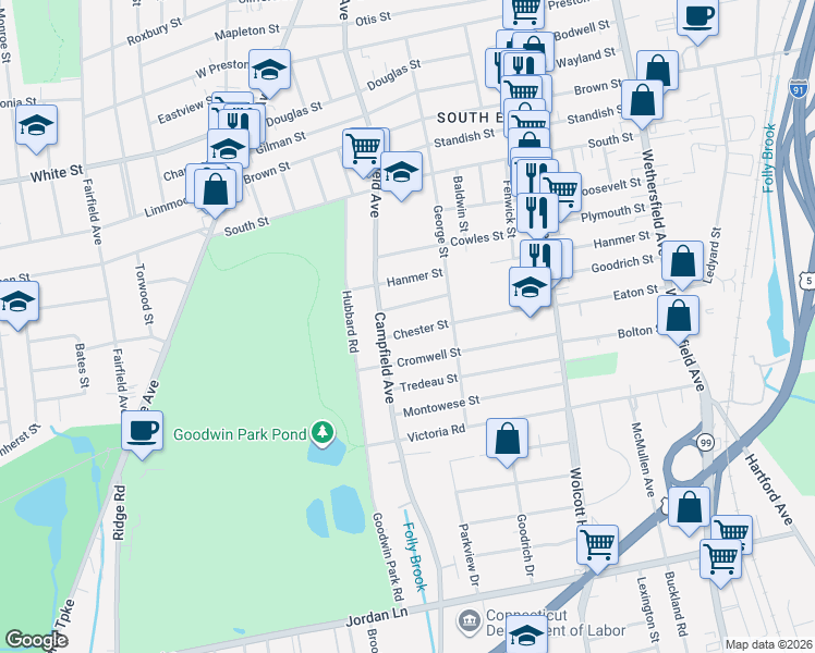 map of restaurants, bars, coffee shops, grocery stores, and more near 126 Chester Street in Hartford