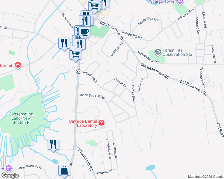 map of restaurants, bars, coffee shops, grocery stores, and more near 81 Signal Hill Drive in Dennis