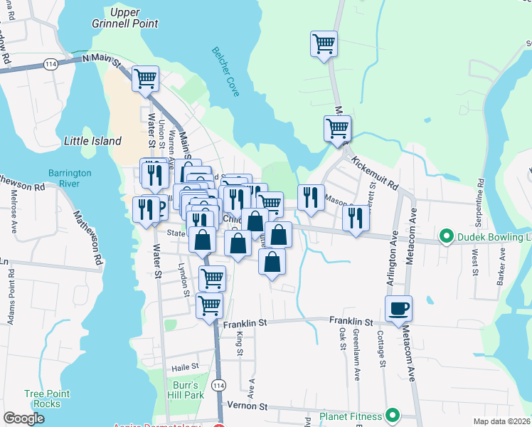 map of restaurants, bars, coffee shops, grocery stores, and more near 126 Rhode Island 103 in Warren