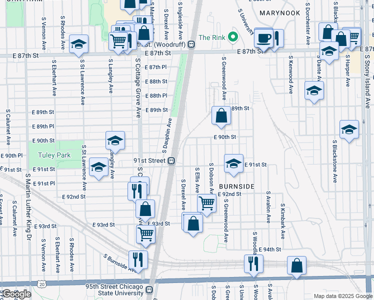map of restaurants, bars, coffee shops, grocery stores, and more near 9040 South Ellis Avenue in Chicago