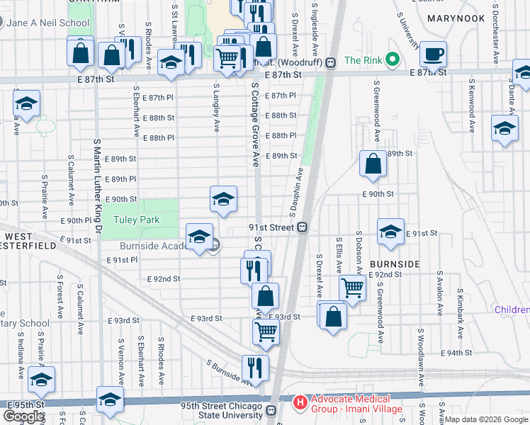 map of restaurants, bars, coffee shops, grocery stores, and more near 9031 South Cottage Grove Avenue in Chicago