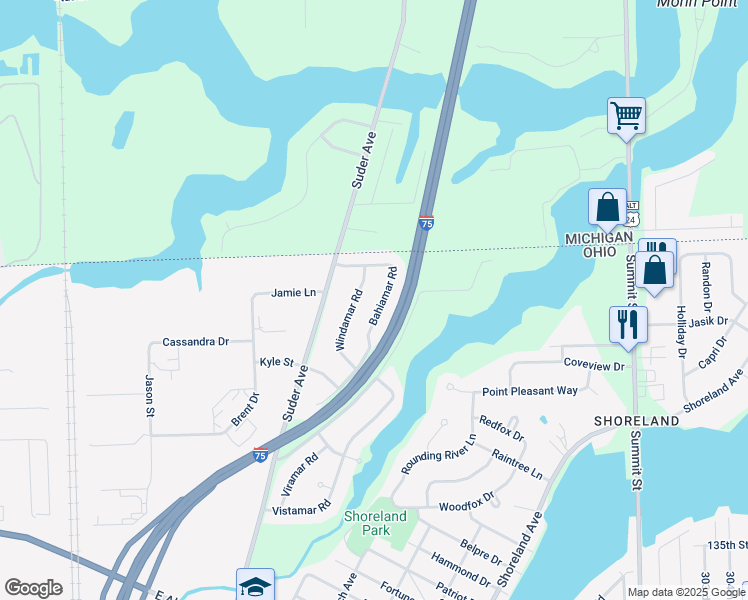 map of restaurants, bars, coffee shops, grocery stores, and more near 6153 Bahiamar Road in Toledo