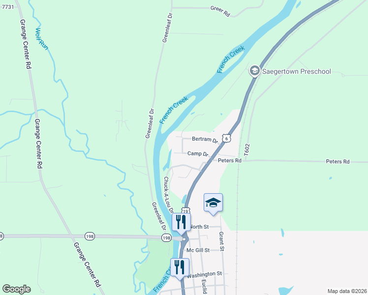 map of restaurants, bars, coffee shops, grocery stores, and more near 19694 Camp Drive in Saegertown