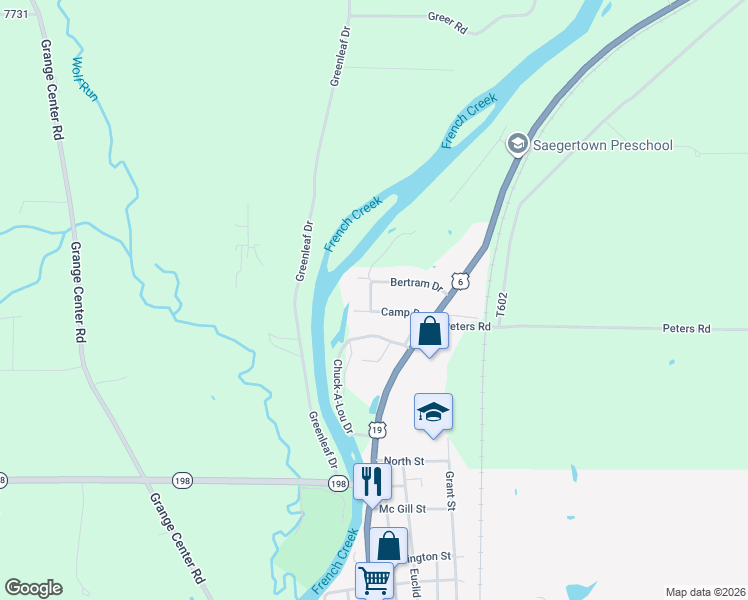 map of restaurants, bars, coffee shops, grocery stores, and more near 19694 Camp Drive in Saegertown