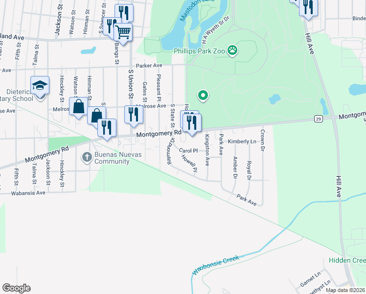 map of restaurants, bars, coffee shops, grocery stores, and more near 1330 Carol Place in Montgomery