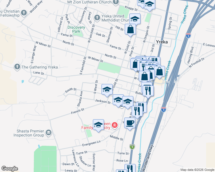 map of restaurants, bars, coffee shops, grocery stores, and more near 616 South Street in Yreka