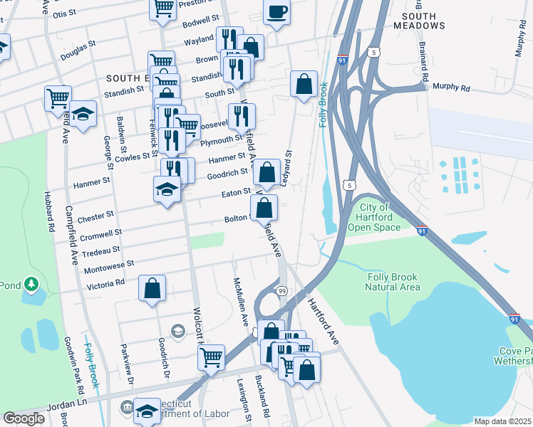 map of restaurants, bars, coffee shops, grocery stores, and more near 958 Wethersfield Avenue in Hartford