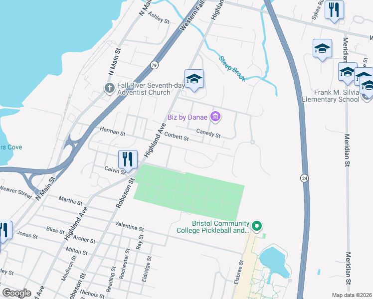 map of restaurants, bars, coffee shops, grocery stores, and more near 31 Highcrest Road in Fall River
