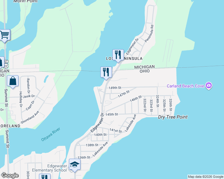 map of restaurants, bars, coffee shops, grocery stores, and more near 3432 148th Street in Toledo