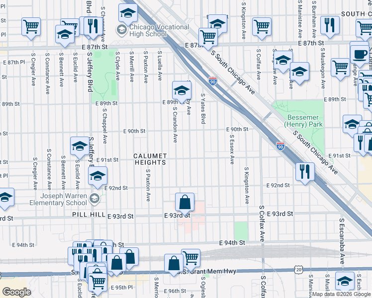 map of restaurants, bars, coffee shops, grocery stores, and more near 9059 South Oglesby Avenue in Chicago