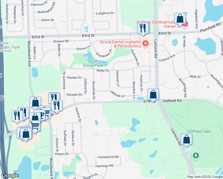 map of restaurants, bars, coffee shops, grocery stores, and more near 3073 Hillside Lane in Darien