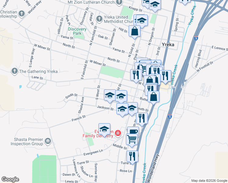 map of restaurants, bars, coffee shops, grocery stores, and more near 414 South Gold Street in Yreka