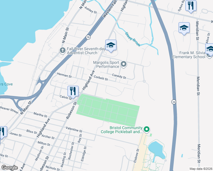 map of restaurants, bars, coffee shops, grocery stores, and more near 31 Highcrest Road in Fall River