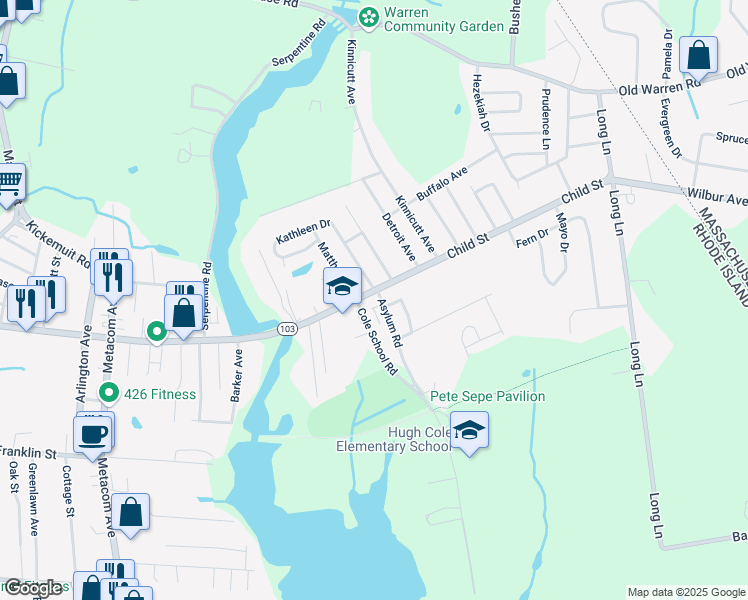 map of restaurants, bars, coffee shops, grocery stores, and more near 3 Asylum Road in Warren