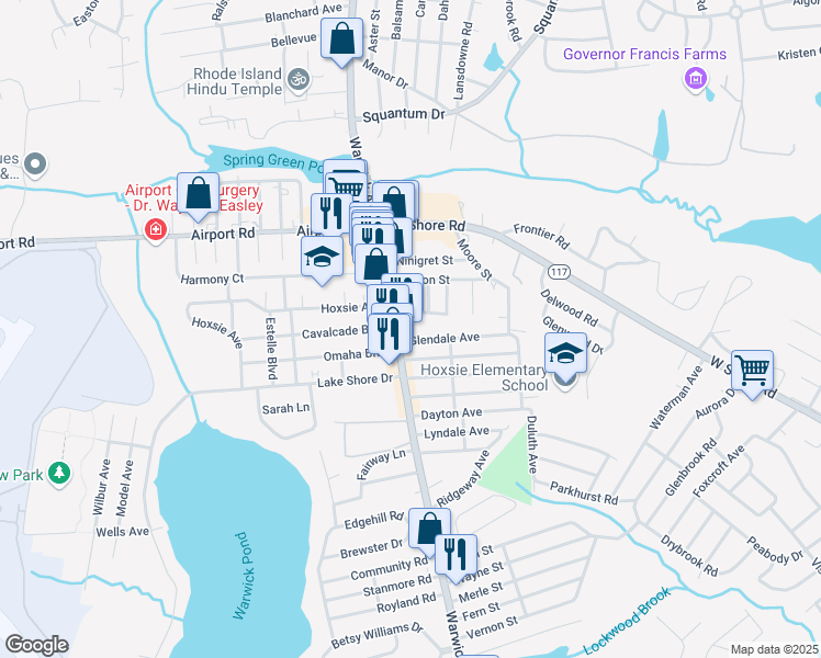 map of restaurants, bars, coffee shops, grocery stores, and more near 1706 Warwick Avenue in Warwick